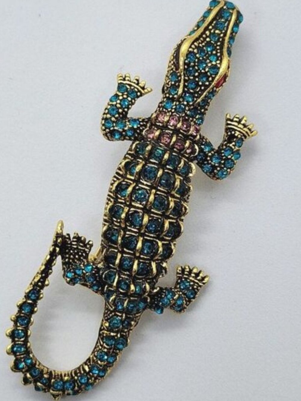 Crocodile Brooch Blue Green Faux Crystal Red Eyes Alligator Swamp Wildlife